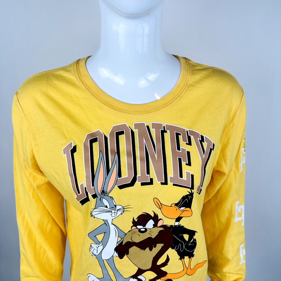New Looney Toons Junior Sz Small T Shirt Yellow Bunny Duck Long Sleeve Crop NWT - Picture 3 of 6